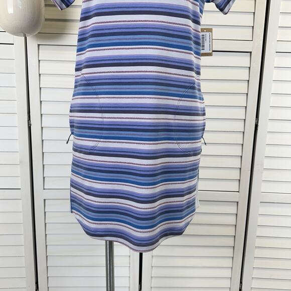 New Title Nine Hideaway Sweatshirt Dress Blue Horizon Stripe Short Sleeve Size S - Picture 4 of 12